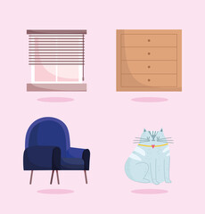 home office chair window cabinet and cat mascot icons