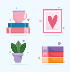 home office workplace coffee cup books plant binders and picture icons