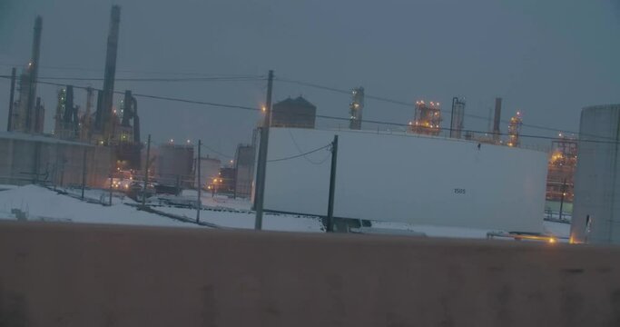 Montreal, Canada - November 15th 2017 : View of Montreal East Oil Refinery, Shell Canada largest refinery, from Metropolitan highway during a winter evening.