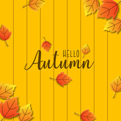 Autumn background design decorated with colorful leaves for web banner, shopping sale, and promo poster. Paper art vector illustration
