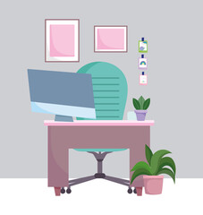 home office workplace desk with computer chair plants and pictures