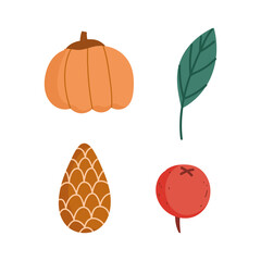 hello autumn pumpkin pinecone leaf and fruit icons