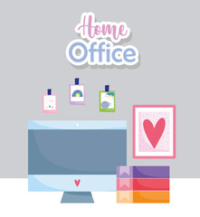home office workplace computer monitor books picture in wall and stickers
