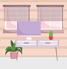 home office workplace computer screen on table with potted plants and windows