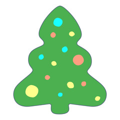 Christmas tree icon isolated on white background. Cute, childish cartoon Christmas tree with toys. New year decorations. Vector illustration.