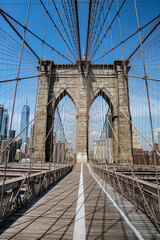 Fototapeta na wymiar A view of the Brooklyn Bridge from the East River in New York City.