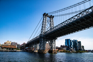 A view of the Manhattan Bridge from the East River in New York City.