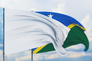 White flag on flagpole waving in the wind and flag of Solomon Islands. Closeup view, 3D illustration.