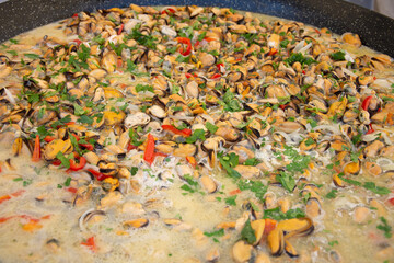 shells with vegetables and shrimp in wine