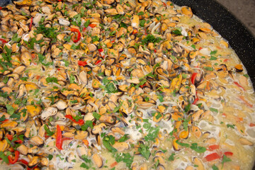 shells with vegetables and shrimp in wine