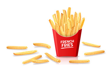 French fries in red box and dropped outside the box, template design. isolated on white background Eps 10 vector illustration