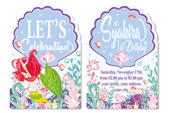 Printcelebrate little mermaid with red hair is turning 1st, birthday party vector invitation card.