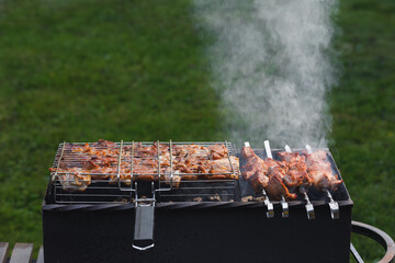 grill barbecue meat on a brazier with smoke, green grass background
