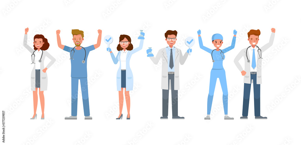 Poster set of doctor working character vector design. presentation in various action with emotions.