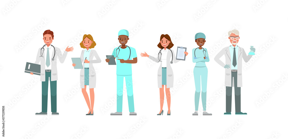 Poster set of doctor working character vector design. presentation in various action with emotions.