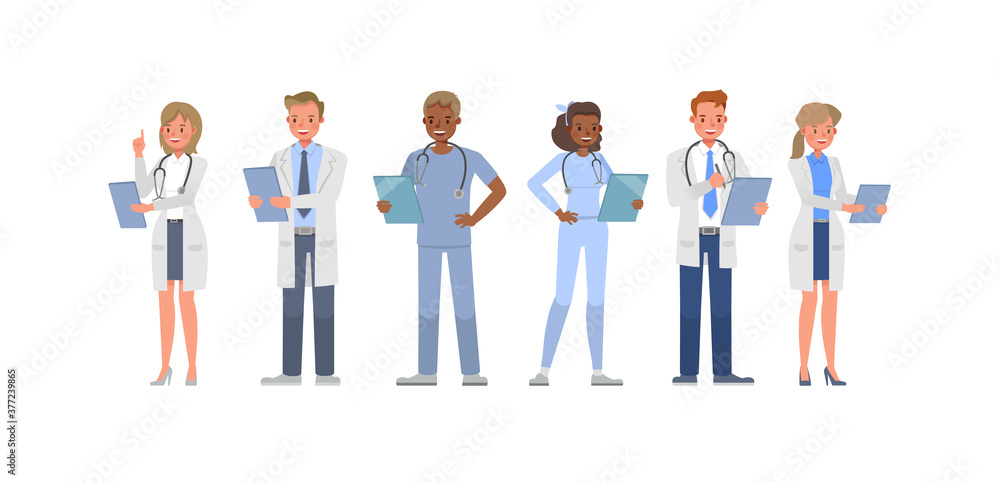 Poster set of doctor working character vector design. presentation in various action with emotions.