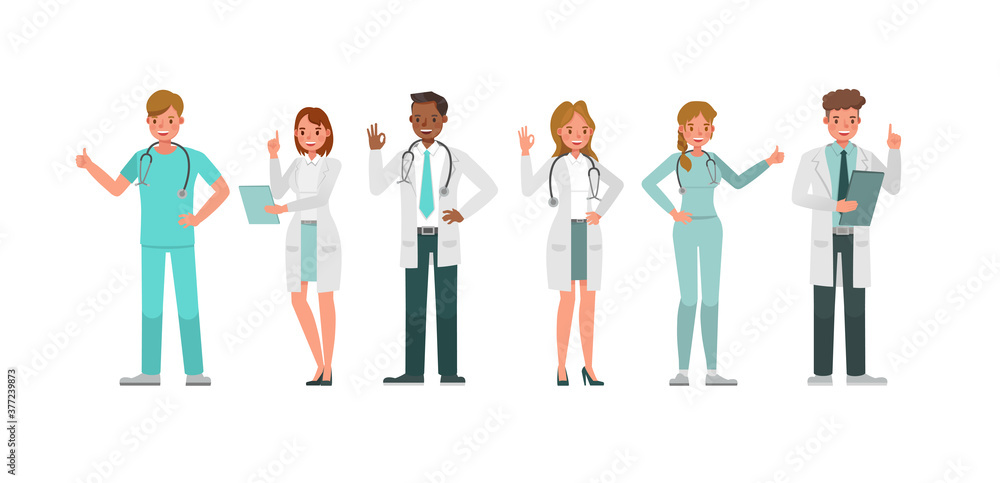 Poster set of doctor working character vector design. presentation in various action with emotions.