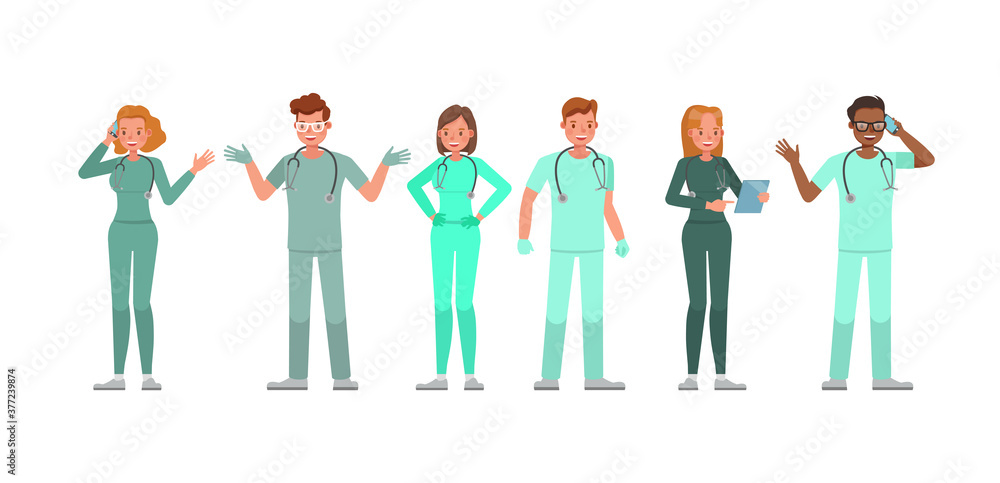 Poster set of doctor working character vector design. presentation in various action with emotions.
