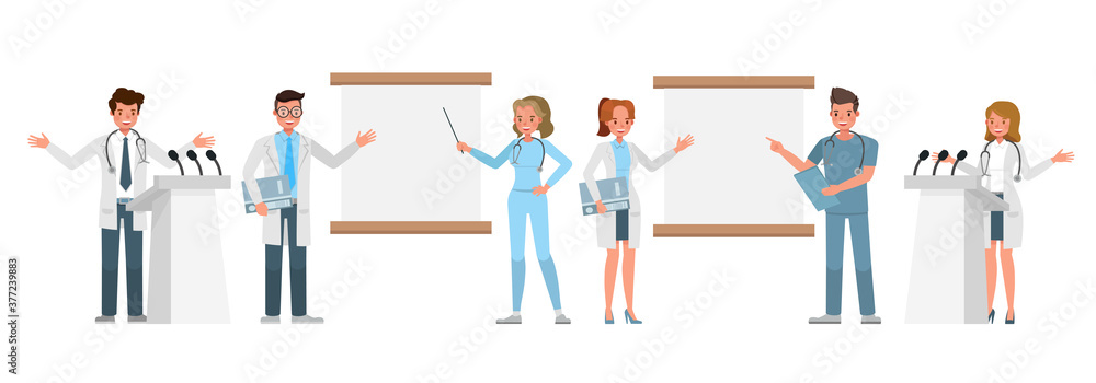 Poster set of doctor working character vector design. presentation in various action with emotions.