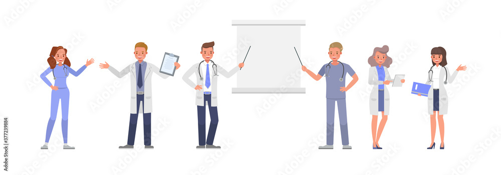 Poster set of doctor working character vector design. presentation in various action with emotions.