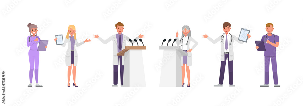 Poster set of doctor working character vector design. presentation in various action with emotions.