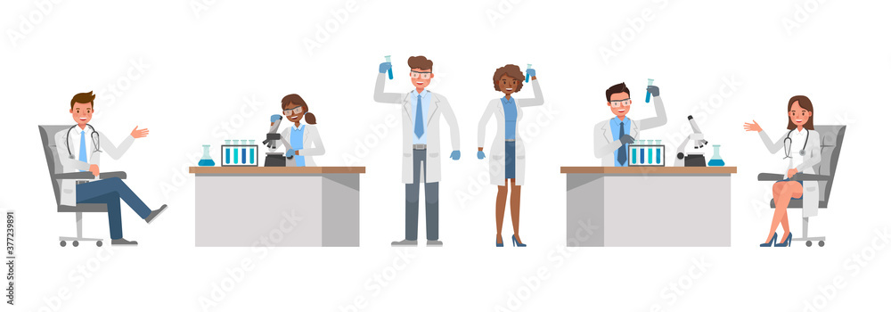 Poster set of doctor working character vector design. presentation in various action with emotions.