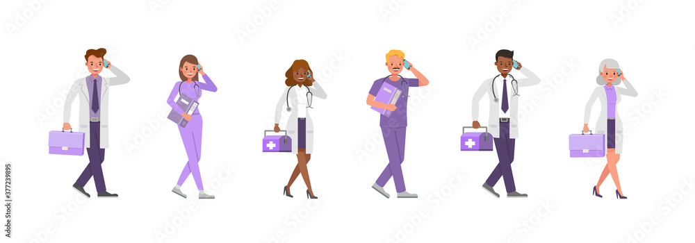 Poster set of doctor working character vector design. presentation in various action with emotions.