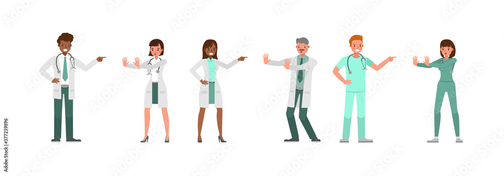 Poster set of doctor working character vector design. presentation in various action with emotions.