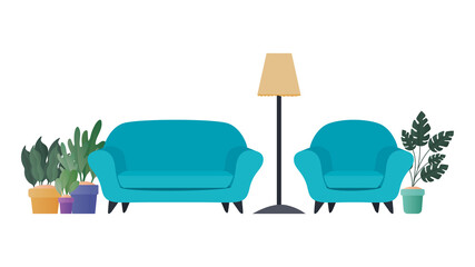 blue couch and chair with plants vector design