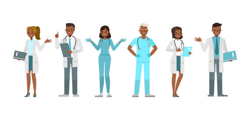 Set of Doctor working character vector design. Presentation in various action with emotions.