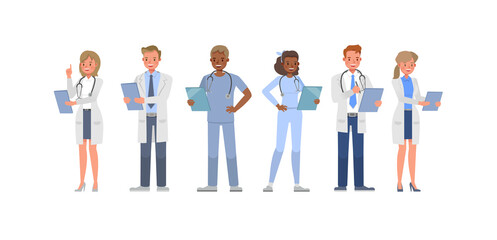 Set of Doctor working character vector design. Presentation in various action with emotions.