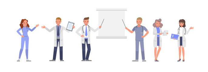 Set of Doctor working character vector design. Presentation in various action with emotions.