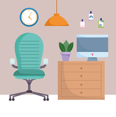 home office workplace comfortable chair computer drawers plant lamp and clock