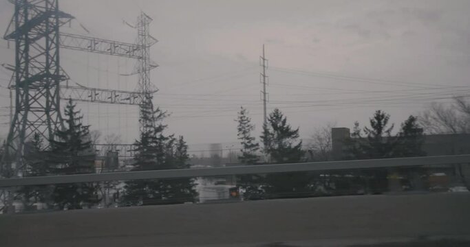 Montreal, Canada - November 15th 2017 : View of Hydro Qu�bec Poste Viger Electrical substation filmed while driving on Highway 10 during winter.