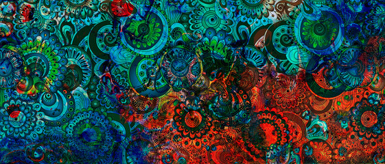 mandala colorful dark eyes vintage art, ancient Indian vedic background design, old painting texture with multiple mathematical shapes