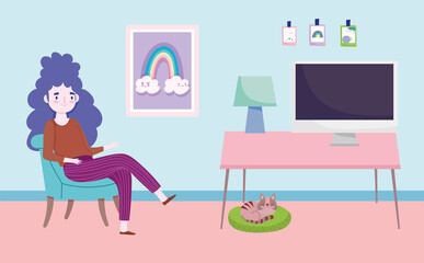 home office workspace, female character on chair with computer desk lamp and cat