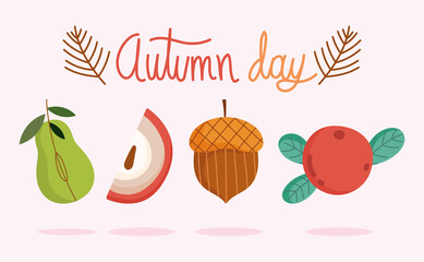 hello autumn, season harvest fruits apple pear acorn berry icons