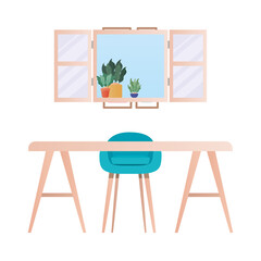 desk with chair in front of window with plants vector design