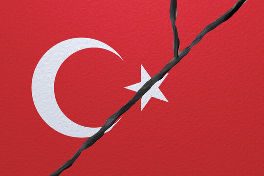 Conceptual composition about Turkey  flag painted on cracked wall flag 3d render.