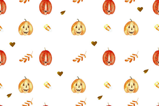 Watercolor seamless fall pattern with Halloween elements pumpkins hearts candy corn and leafs in orange and yellow colors on white background. Hand drawn Halloween pattern.