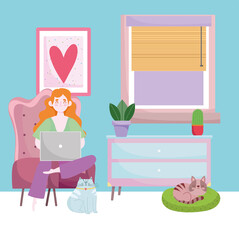 home office workspace, young woman working in a room with cat