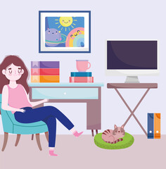 home office workspace, girl sitting on chiar with cat computer table books and coffee cup