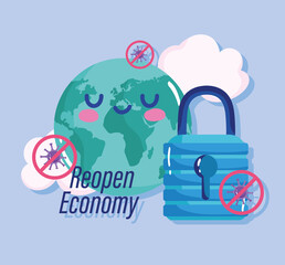 reopening, cartoon planet padlock, reopen economy, coronavirus covid 19