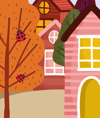 hello autumn, rustic houses trees with ladybugs background