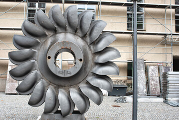 A Pelton water turbine. Renewable energy.