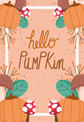 hello autumn hand lettering phrase pumpkins mushrooms and foliage banner