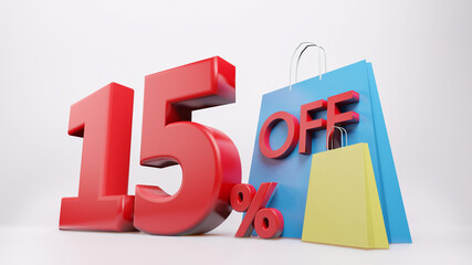 15% symbol with shopping bag , 3D render isolated background
