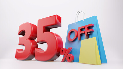 35% symbol with shopping bag , 3D render isolated background