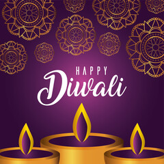 Happy diwali candles on purple with mandalas background vector design