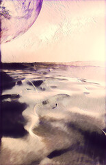 Book cover template format. Alien landscape of sunrise over pristine sand dunes with lonely person walking - digital illustration. Elements of this image furnished by NASA